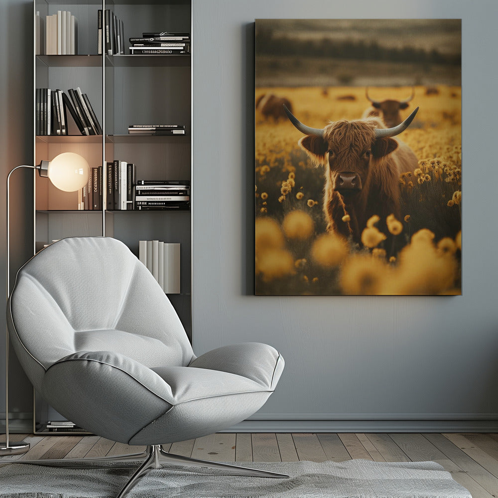 Wall Art Highland Cows In Flower Field