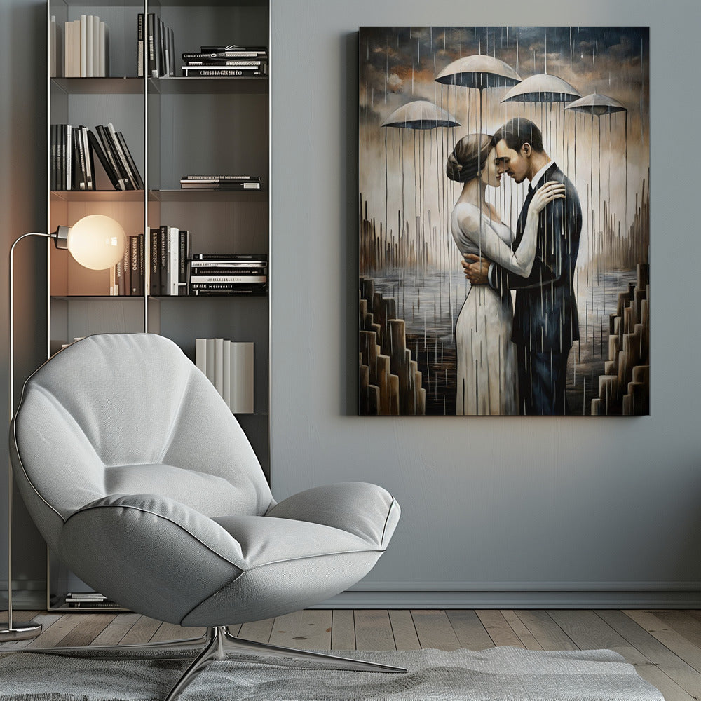Ein Kuss unter den schwebenden Regenschirmen – Wandkunst