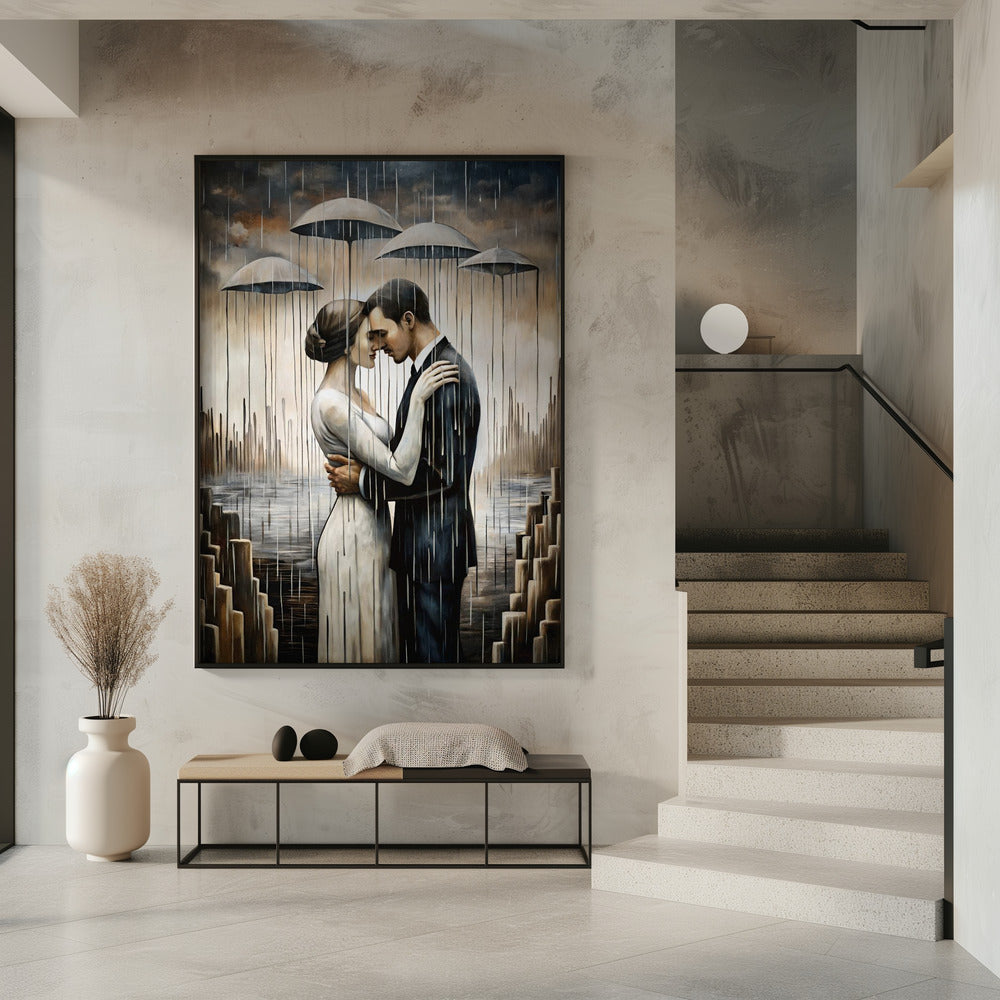 Ein Kuss unter den schwebenden Regenschirmen – Wandkunst