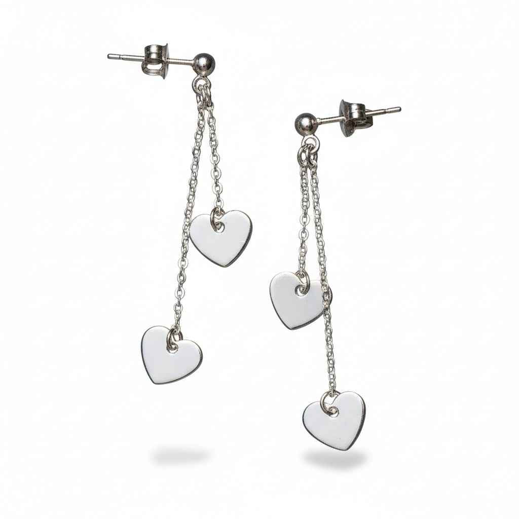 Double Drop Heart Chain Stud Earrings In Silver Plate - SP406H