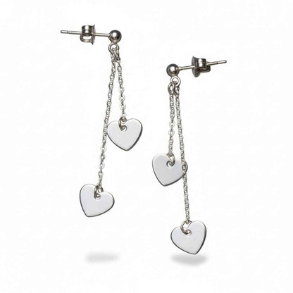 Double Drop Heart Chain Stud Earrings In Silver Plate - SP406H