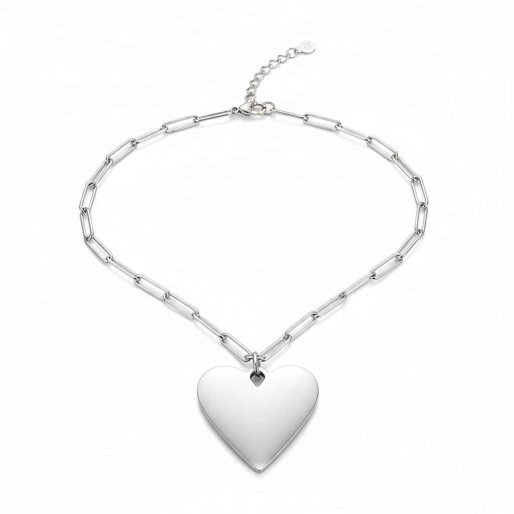 Short Chainlink Heart Pendant Necklace - Grey Stainless Steel