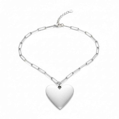 Short Chainlink Heart Pendant Necklace - Grey Stainless Steel