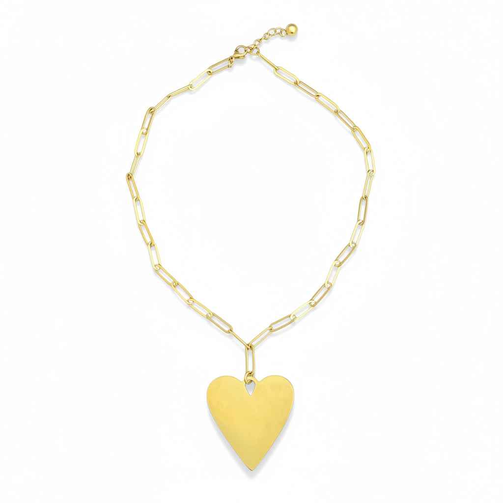 Short Chainlink Heart Pendant Necklace - Gold Stainless Steel