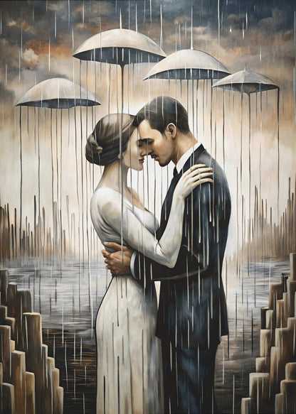 Ein Kuss unter den schwebenden Regenschirmen – Wandkunst