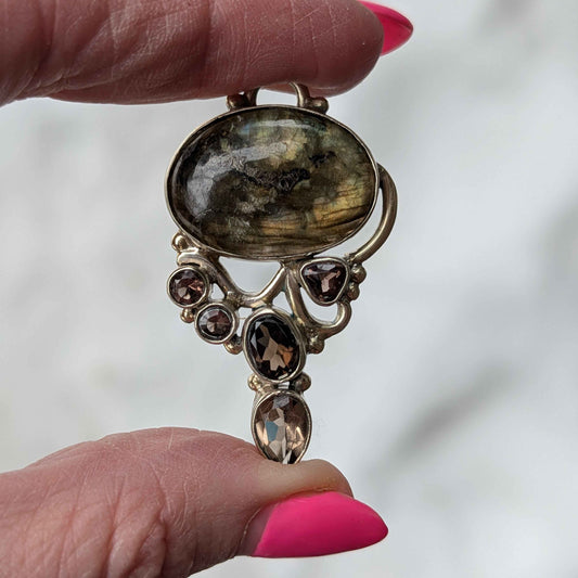 Labradorite & Smoky Quartz Pendant — One-of-a-Kind Sterling Silver Statement