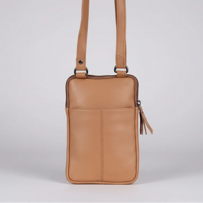 Greenwood Leather Compact Mini Crossbody. Slim Full-Grain Leather Phone Bag & Travel Organizer