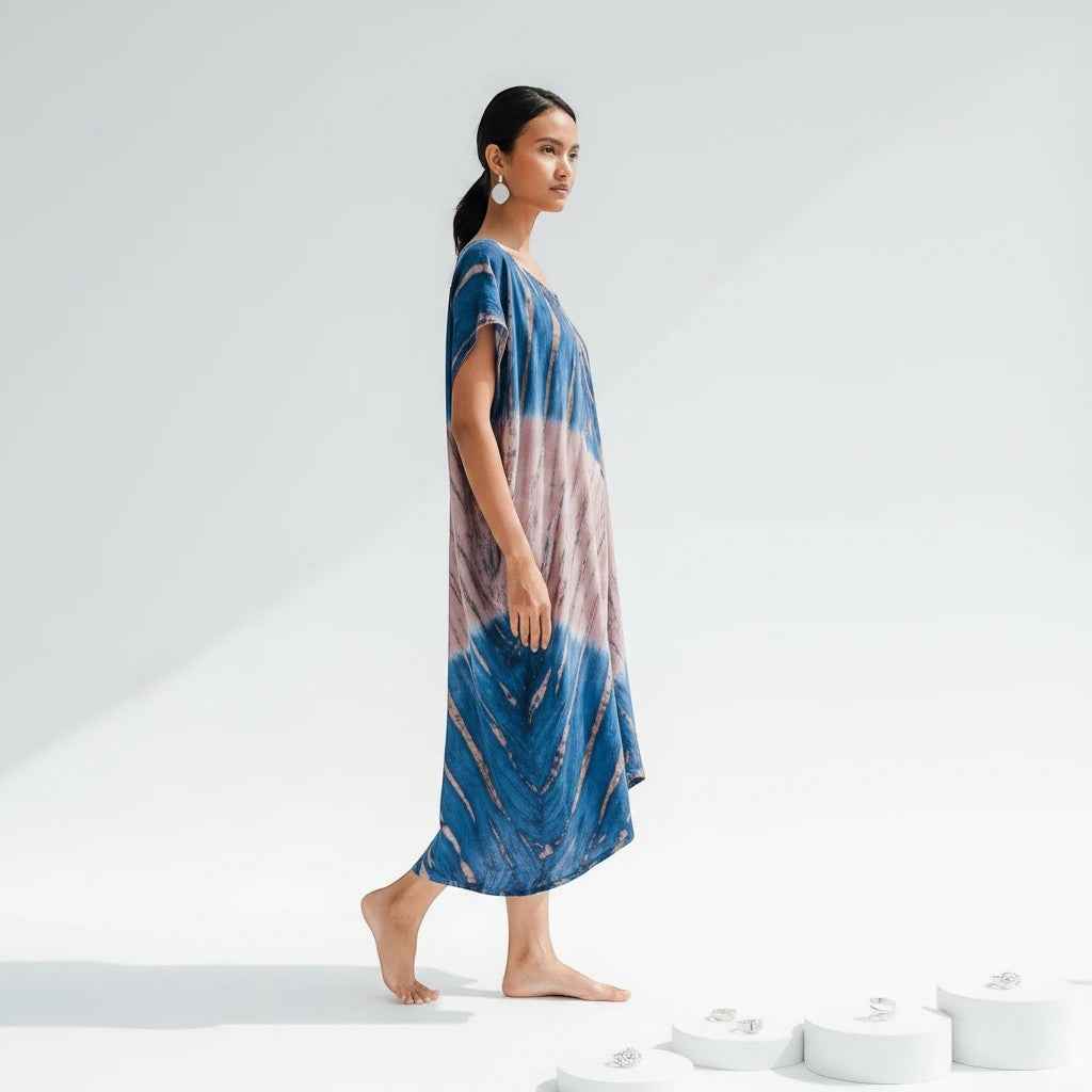 Tie Dye Kaftan Beach Dress - Blue & Pink
