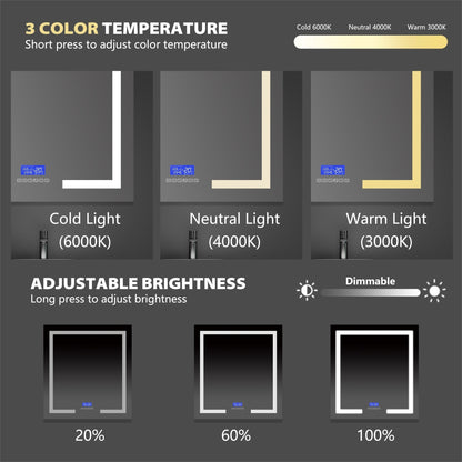 30" / 36" LED Bathroom Mirror with Bluetooth Speaker & Clock, Anti-Fog