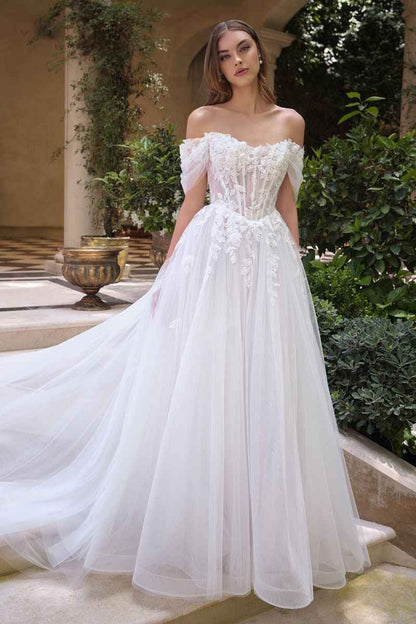 Off-the-shoulder illusion neckline with floral appliqué